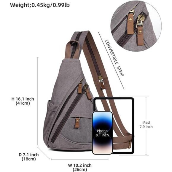 Canvas Sling Bag - Small Crossbody Backpack Shoulder Casual Daypack Rucksack - Picture 2 of 7